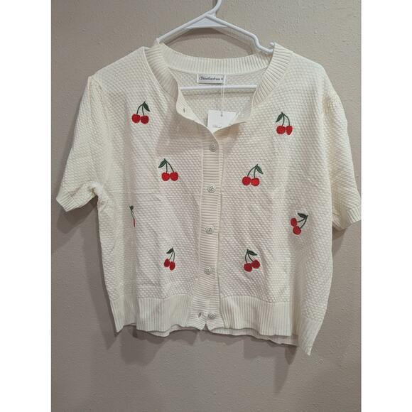 Cute cream short sleeve button cardigan by Bbonlinedress w/cherry embroidery XL - Picture 2 of 9